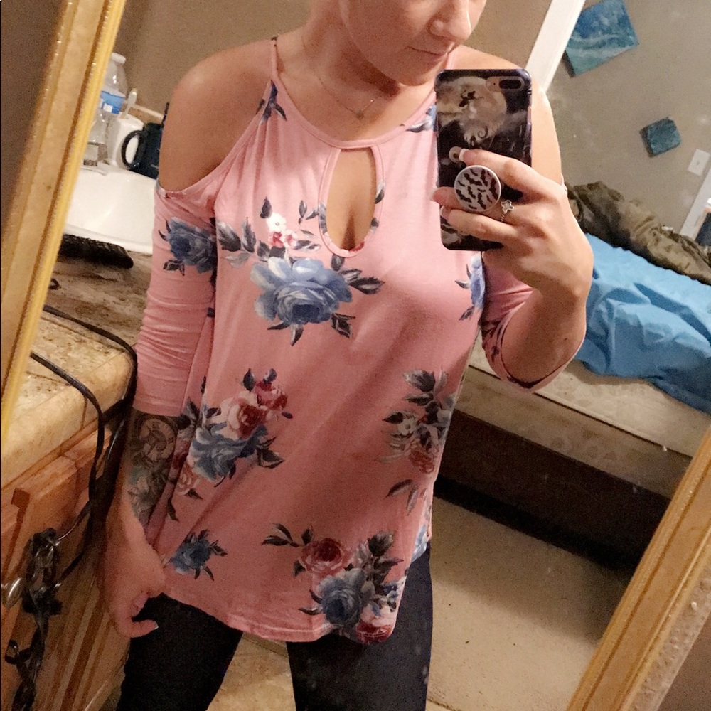 Cold shoulder floral pink & blue top